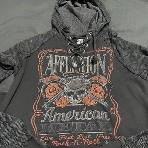 Affliction Hoodie with lace/mesh sleeves and hood